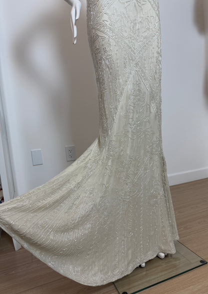 LES HABITUDES 90's Couture Vintage Iridescent Greige Silk Hand Beaded Bridal Gown
