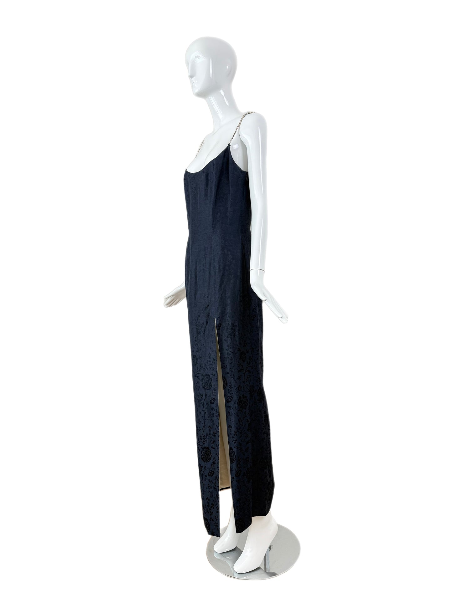 DIOR by JOHN GALLIANO 1998 Vintage Runway Blue Floral Evening Gown w. Ivory Interior + Pearl Straps