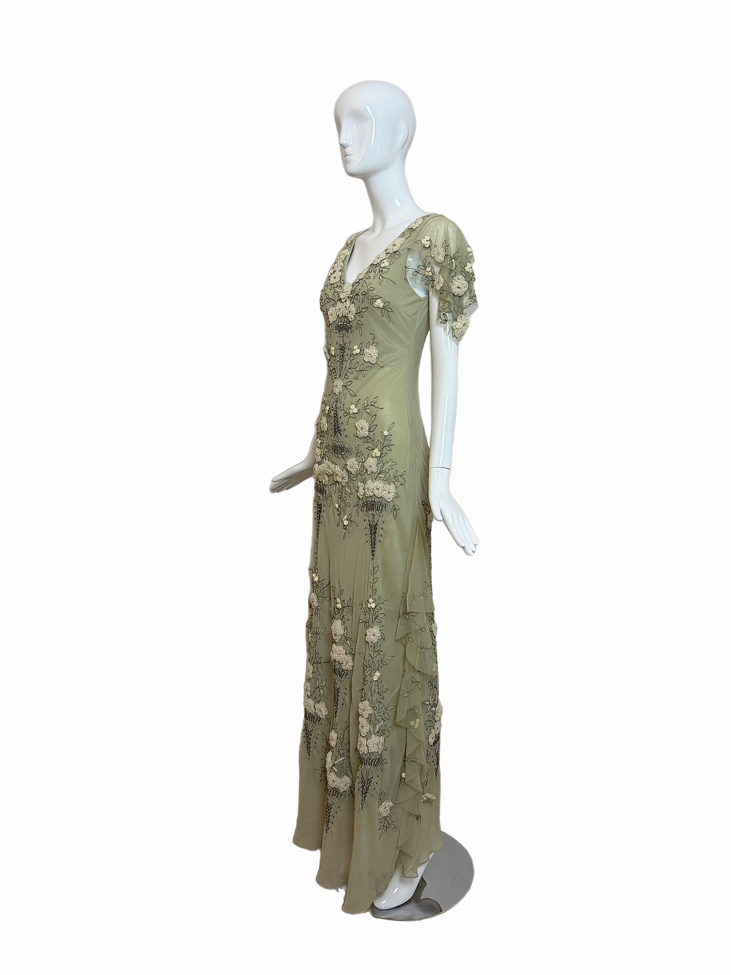 SUE WONG 2004 Vintage Runway Sage Silk Elaborate Evening Gown