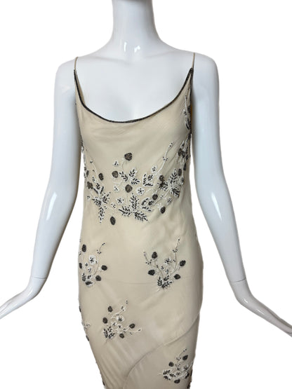 90's Vintage Couture Silk Hand Embroidered Beaded Cowl Back Evening Gown