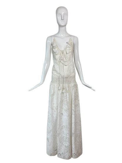 ROBERTO CAVALLI 2016 White Blouson Maxi Dress w. Hand Painted Gold Design