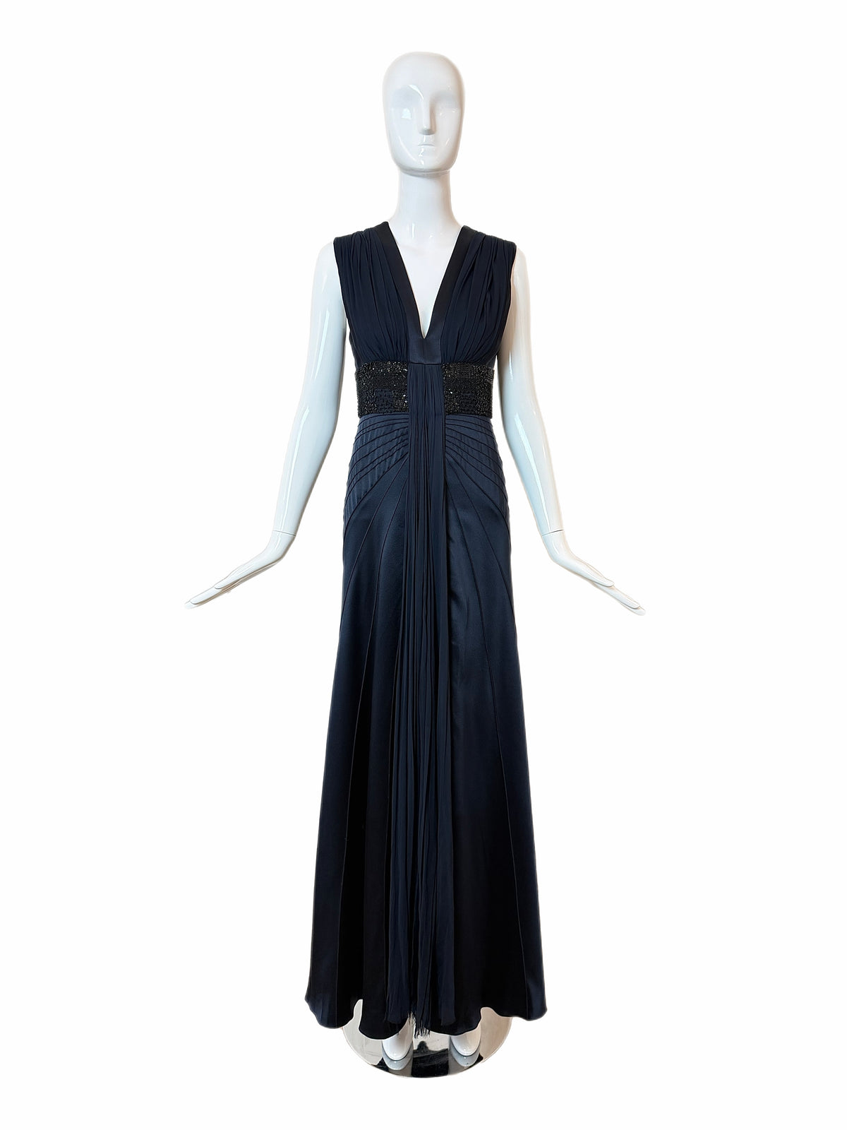 J. MENDEL Midnight Blue Silk w. Black Embellishments Evening Gown