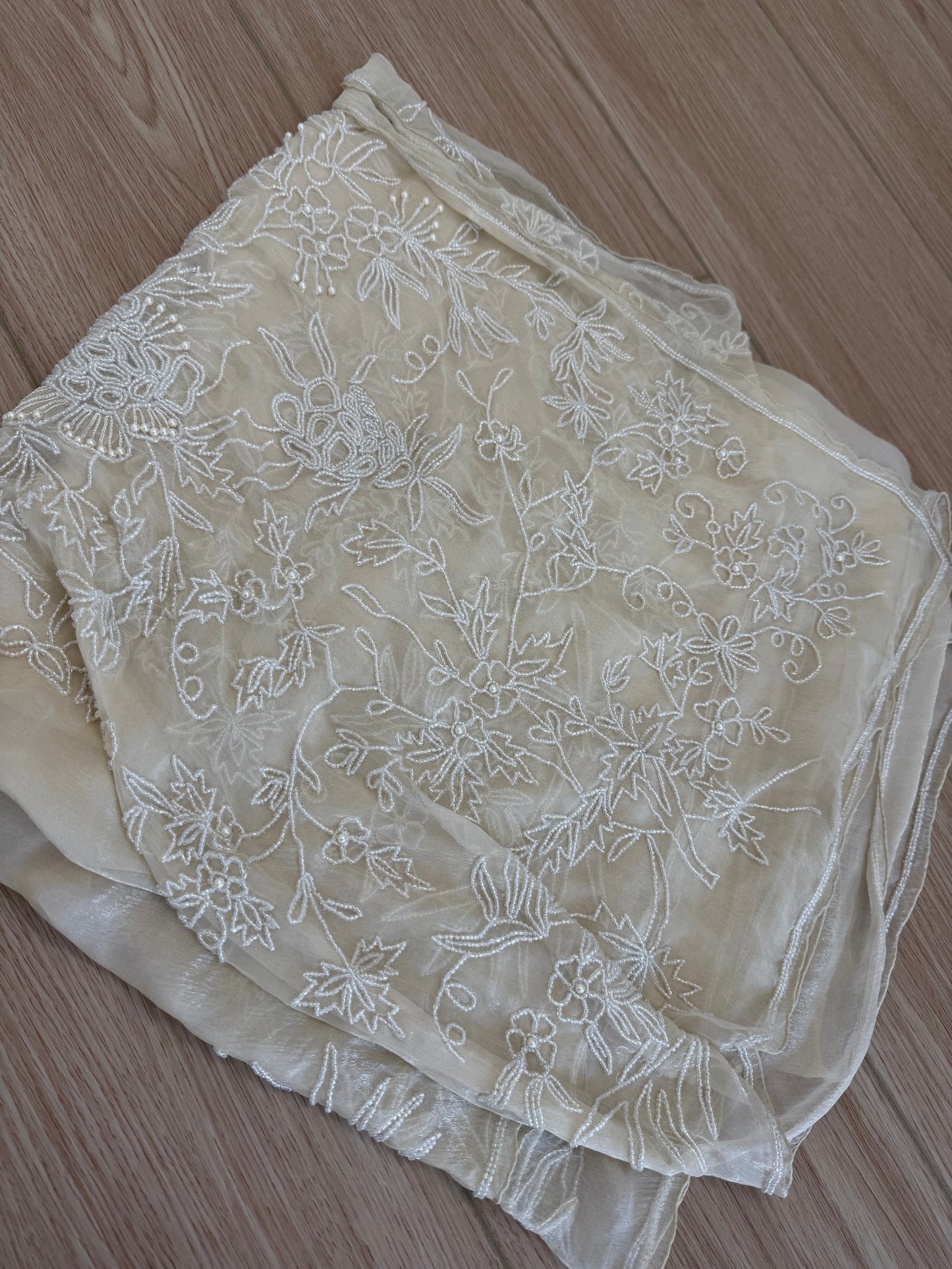 LES HABITUDES 90's Vintage Couture Vanilla Cream Beaded Silk Wedding Gown w. Shawl
