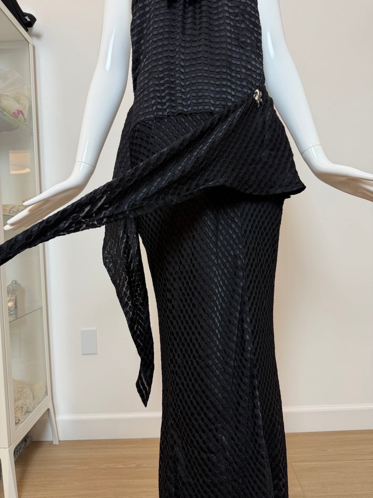GALLIANO Vintage Black Silk Blend Textured Jacquard Halter Neck Evening Gown