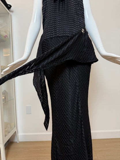 GALLIANO Vintage Black Silk Blend Textured Jacquard Halter Neck Evening Gown