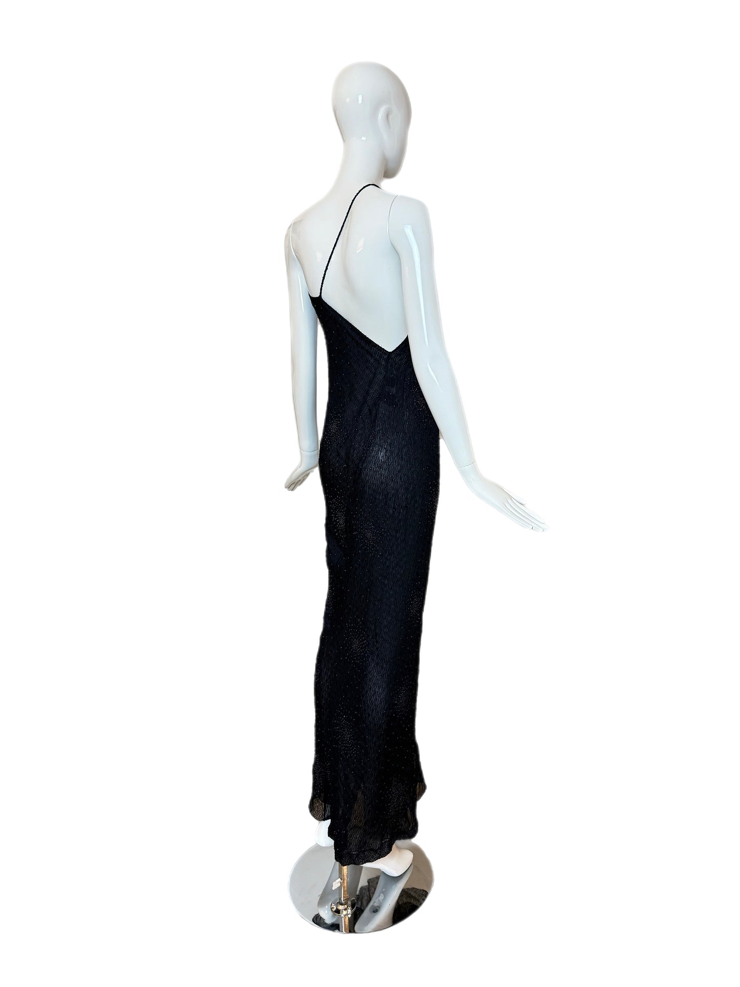 DONNA KARAN 90's Vintage Midnight Blue Beaded Asymmetrical Evening Gown