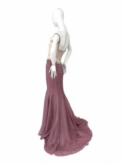 BADGLEY MISCHKA Silk Mauve Ethereal Maxi Train Skirt Sample Piece