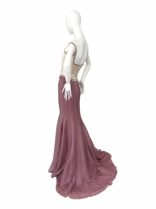 BADGLEY MISCHKA Silk Mauve Ethereal Maxi Train Skirt Sample Piece