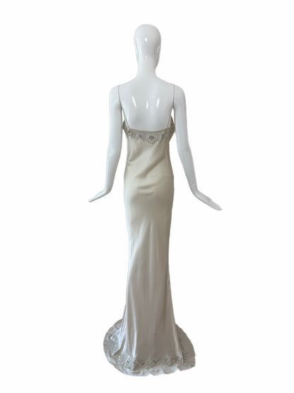 LES HABITUDES 90's Vintage Silver Grey Beaded Floral Slip Gown