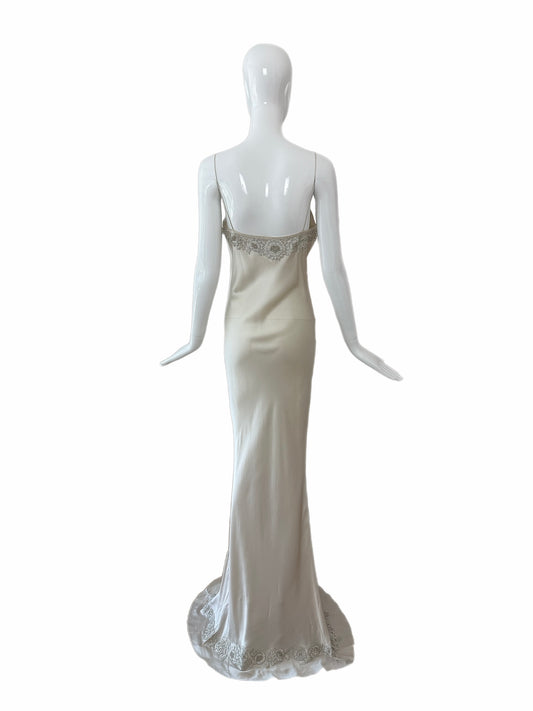 LES HABITUDES 90's Vintage Silver Grey Beaded Floral Slip Gown