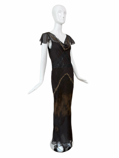 JOHN GALLIANO 2006 Vintage Runway Silk Bias Cut Metal + Lace Embellished Evening Gown