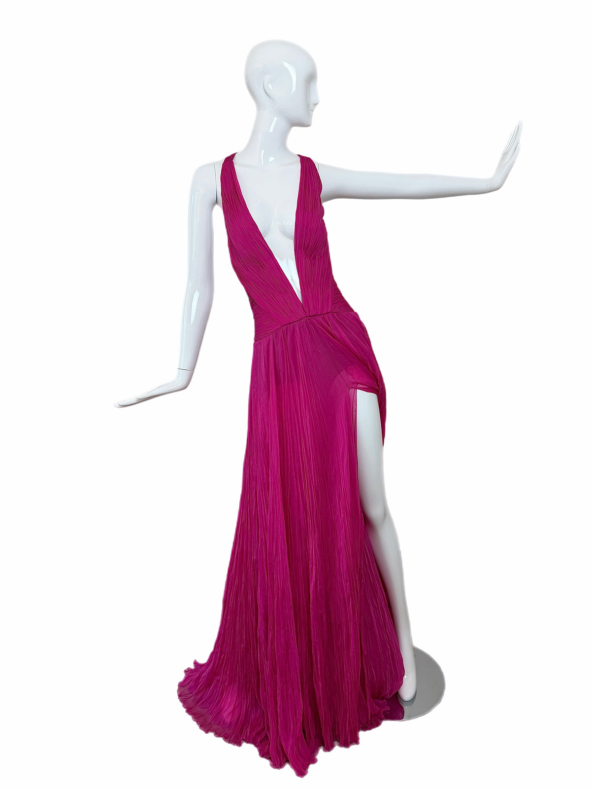 ROBERTO CAVALLI Hot Pink Fuschia Silk Plisse Pleated Plunge Neckline Evening Gown