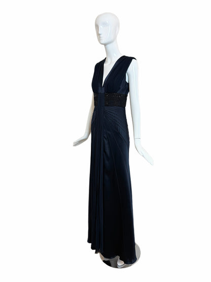 J. MENDEL Midnight Blue Silk w. Black Embellishments Evening Gown