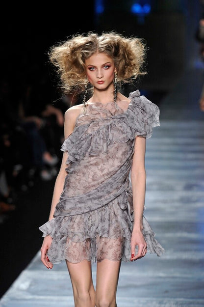 DIOR by JOHN GALLIANO 2010 Vintage Runway Silk Grey Ruffle Dress