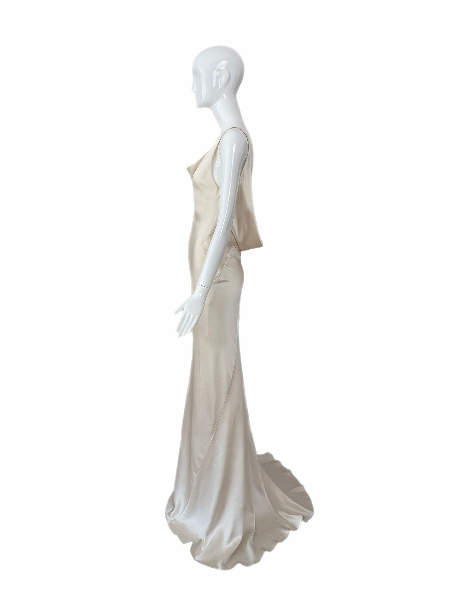 LES HABITUDES Vintage Ivory Silk Wedding Dress w. Open Cowl Lace Back