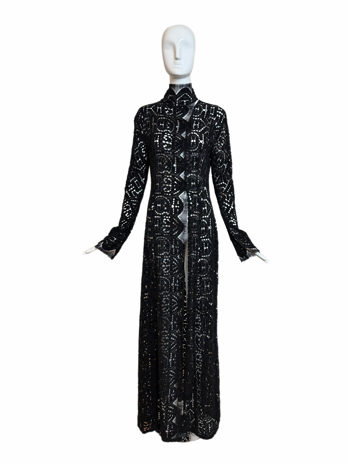 Danes Vintage Black Crochet Dramatic Floor Length Long Sleeve Jacket