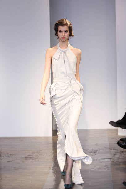 NINA RICCI 2008 Vintage Brown Leather Halter Backless Asymmetrical Gown