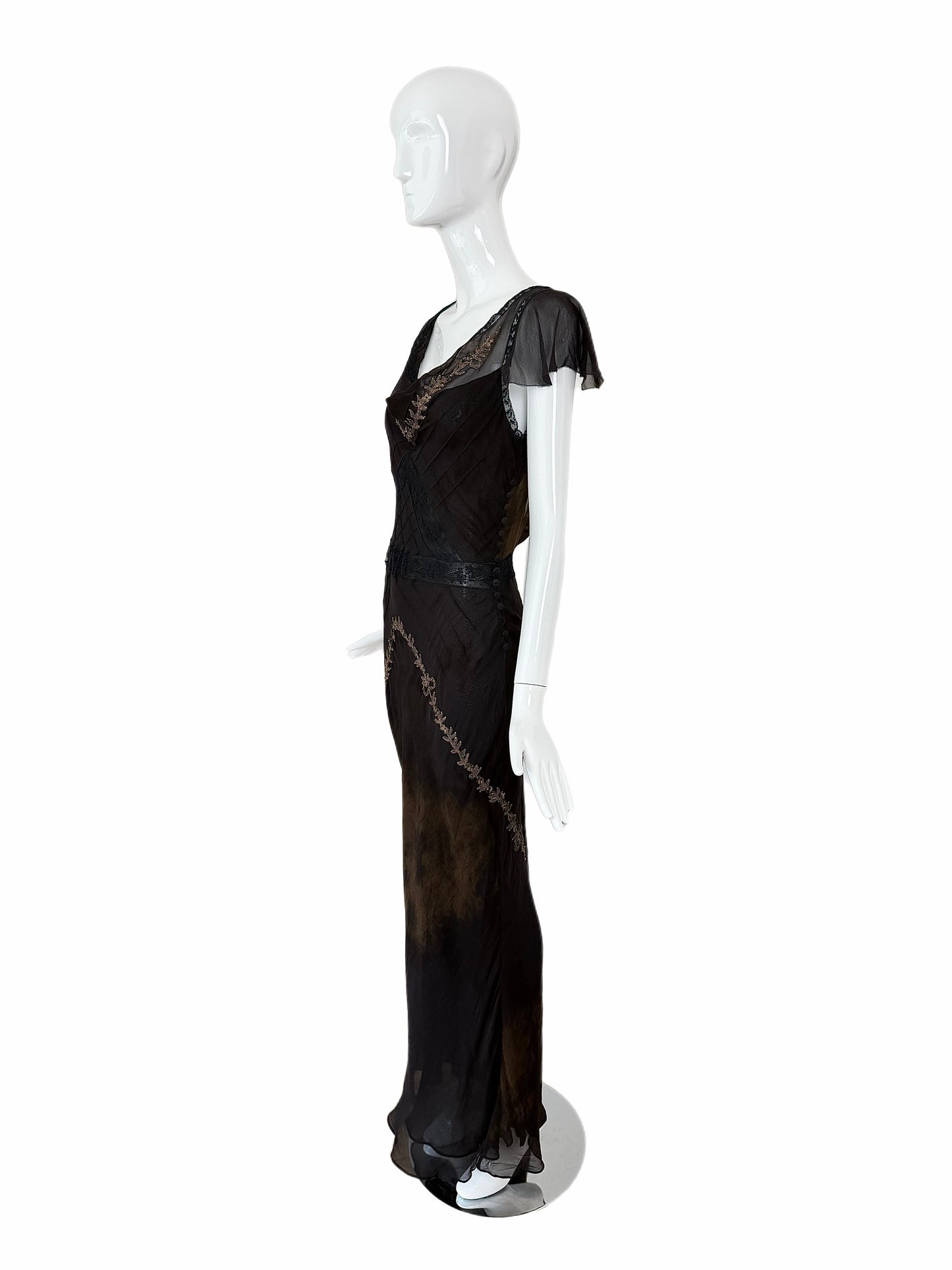 JOHN GALLIANO 2006 Vintage Runway Silk Bias Cut Metal + Lace Embellished Evening Gown