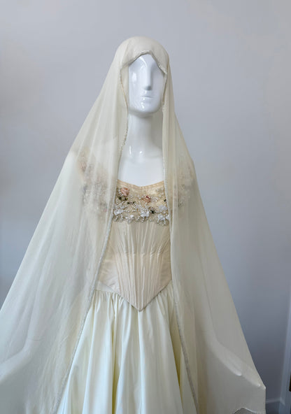 EAVIS & BROWN 90's Vintage Vanilla Ivory Beige Silk Chiffon Shawl w. Iridescent Glass Beads