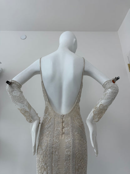LES HABITUDES 90's Vintage Couture Hand-Beaded w. Pearls Silk Bridal Gown w. Gloves