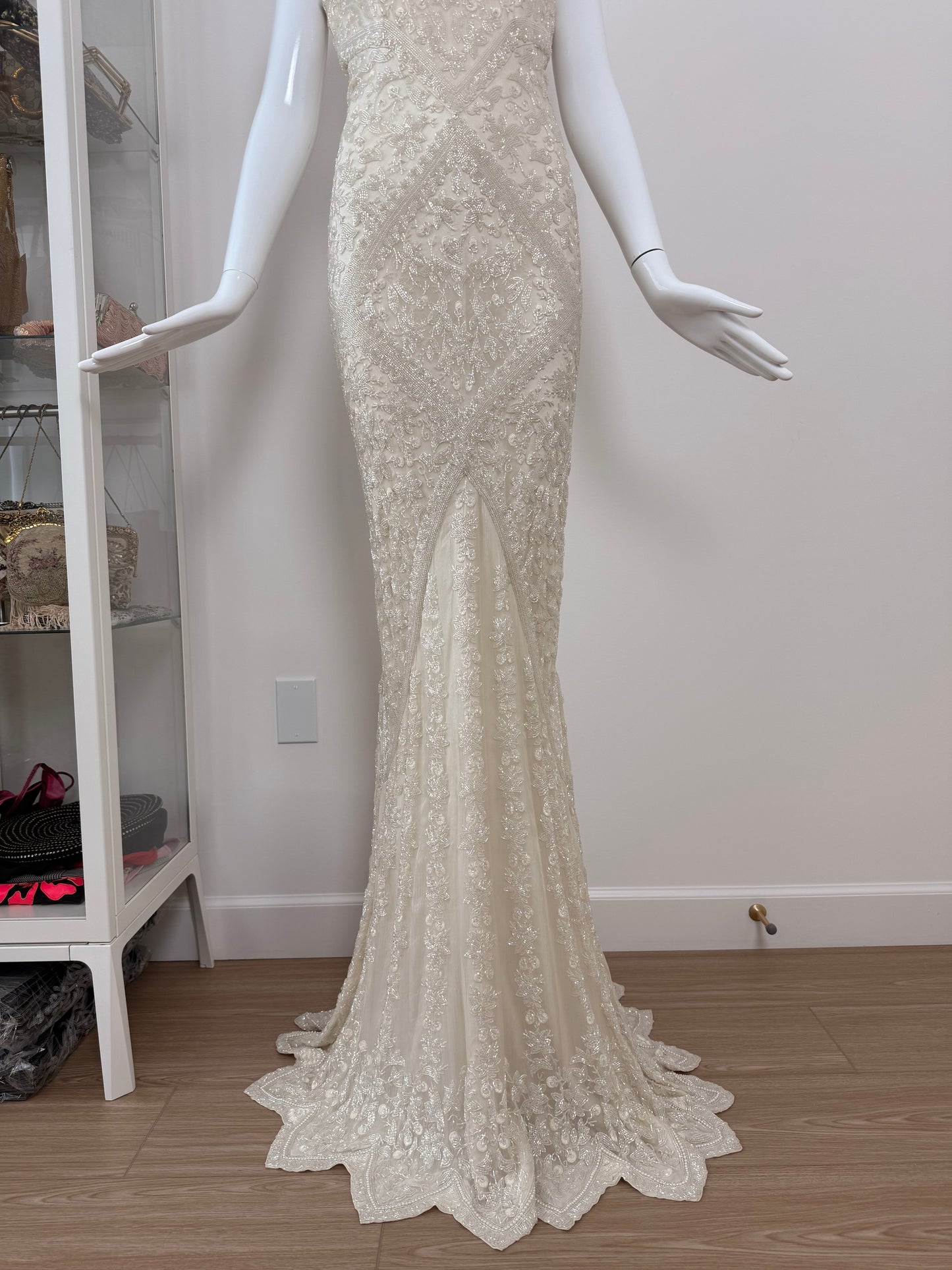 LES HABITUDES 90's Vintage Couture Ivory Iridescent Silk Hand-Beaded Evening Gown