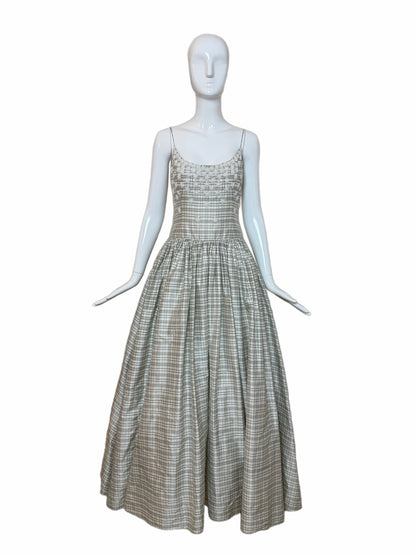BADGLEY MISCHKA 90's Vintage Ivory Checked Silk Beaded Ball Gown