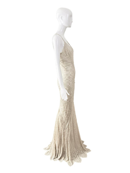 LES HABITUDES 90's Vintage Couture Ivory Iridescent Silk Hand-Beaded Evening Gown