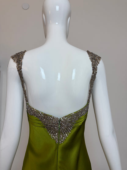 MONIQUE LHUILLIER 2005 Vintage Runway Green Silk Gown w. Crystals