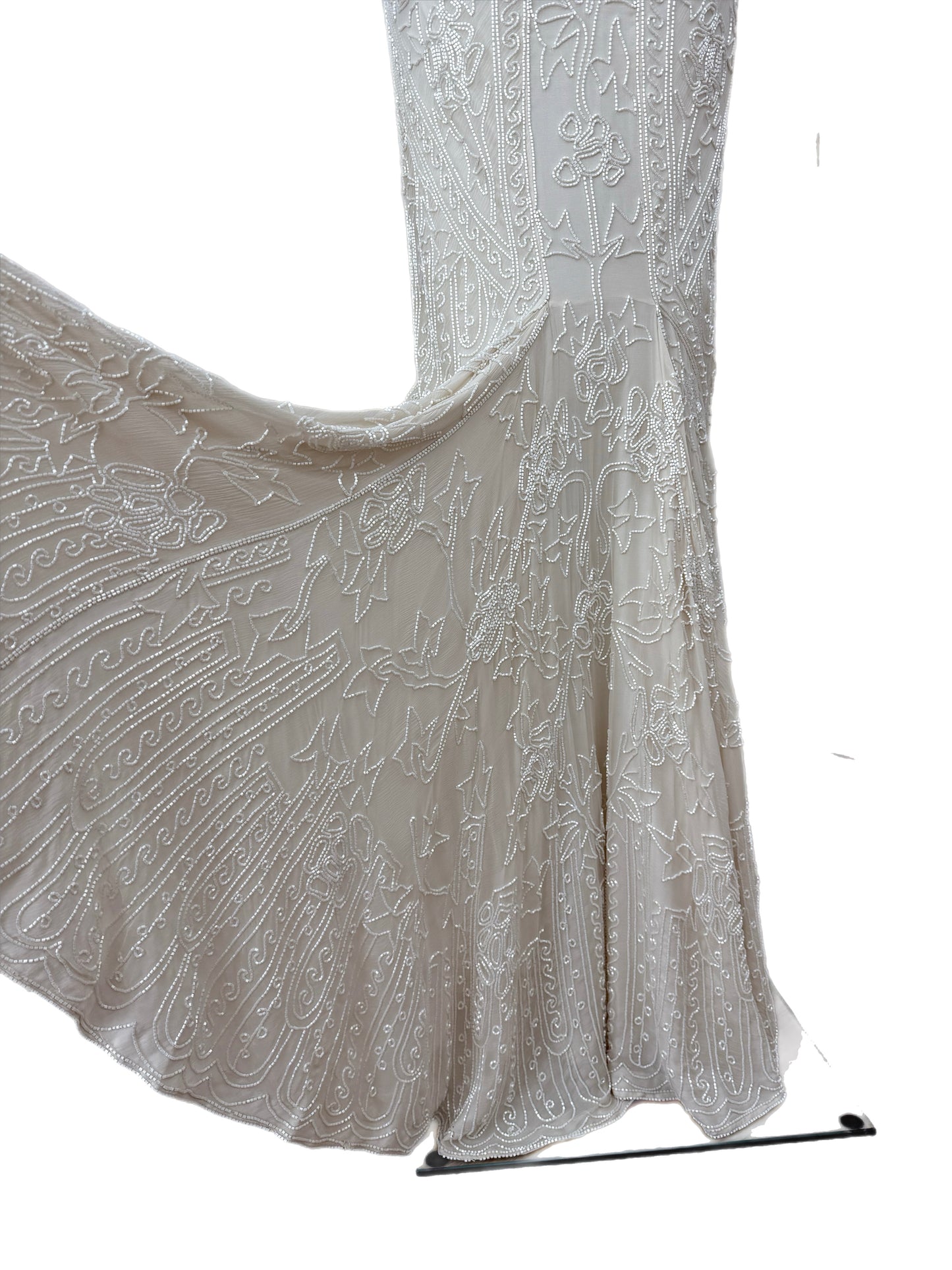LES HABITUDES 90's Vintage Couture Hand Beaded Bridal Gown w. Gloves + Shawl