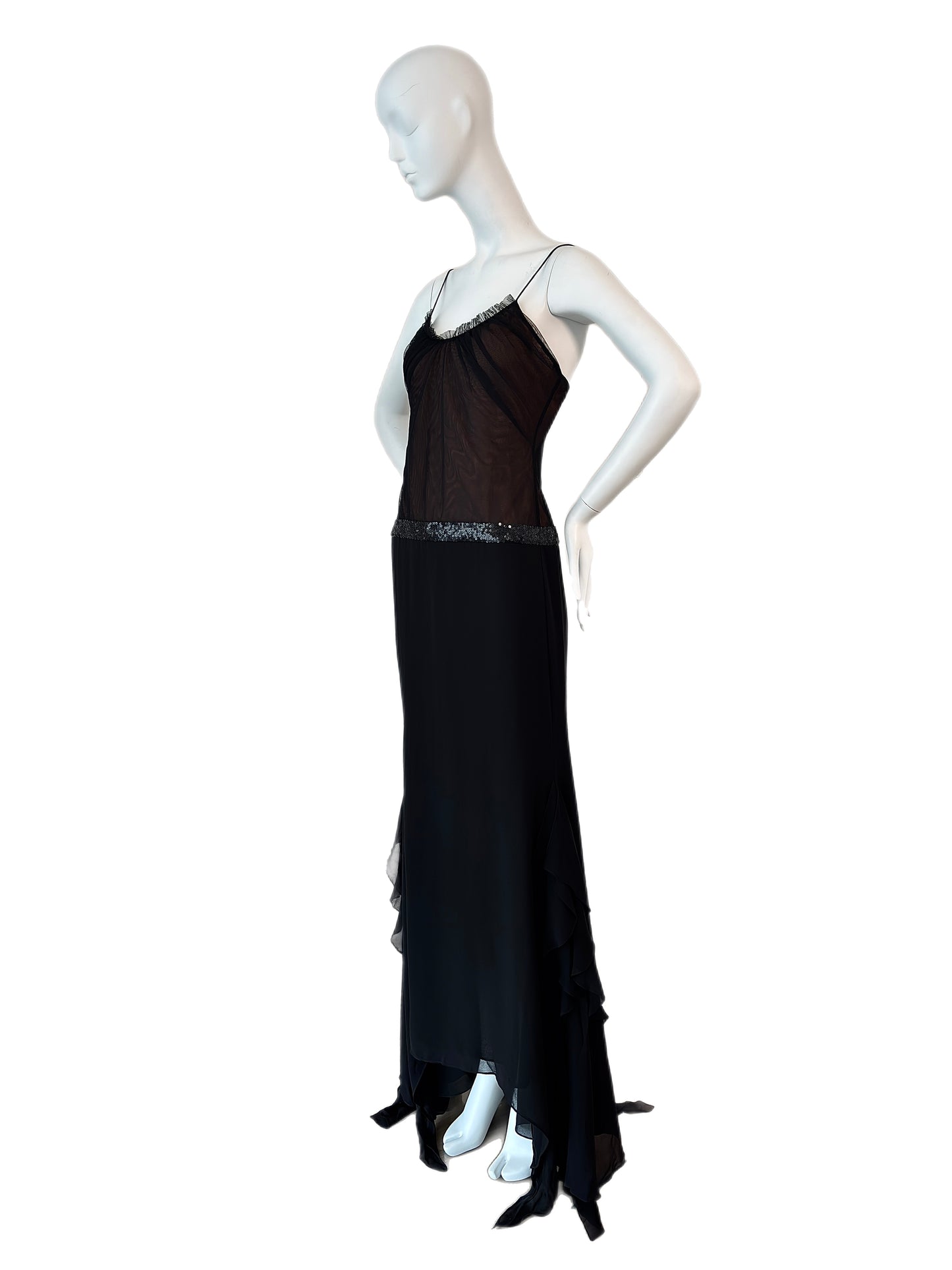 VERA WANG Vintage Black Mesh Panel Evening Gown