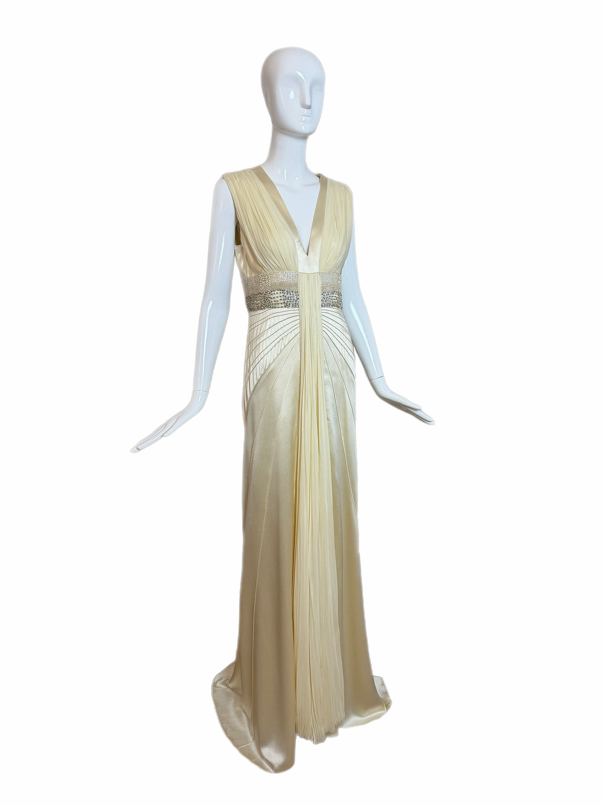 J. MENDEL Vanilla Silk Embellished Evening Gown w. Train