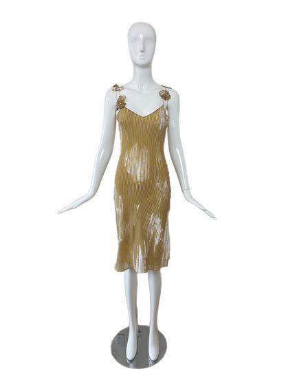 JOHN GALLIANO 2001 Vintage Silk Brushstroke Golden Flower Motif Slip Dress
