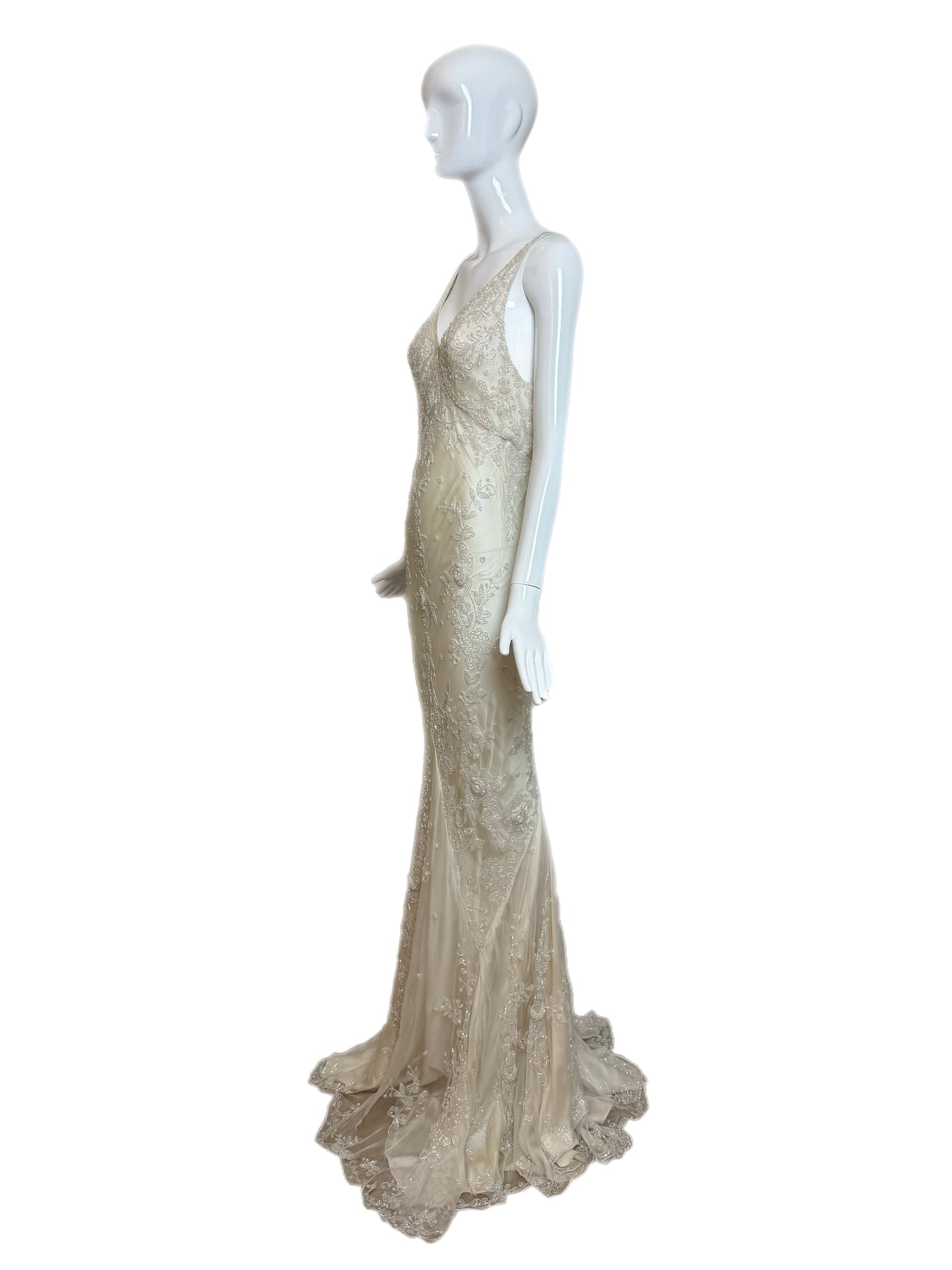 LES HABITUDES 90's Vintage Couture Ivory Beaded Silk Wedding Gown w. Shawl