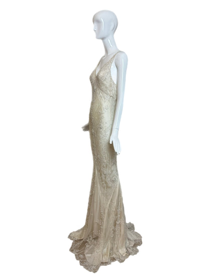 LES HABITUDES 90's Vintage Couture Ivory Beaded Silk Wedding Gown w. Shawl
