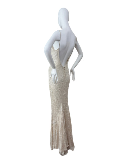 LES HABITUDES 90's Vintage Couture Hand Beaded Bridal Gown w. Gloves + Shawl