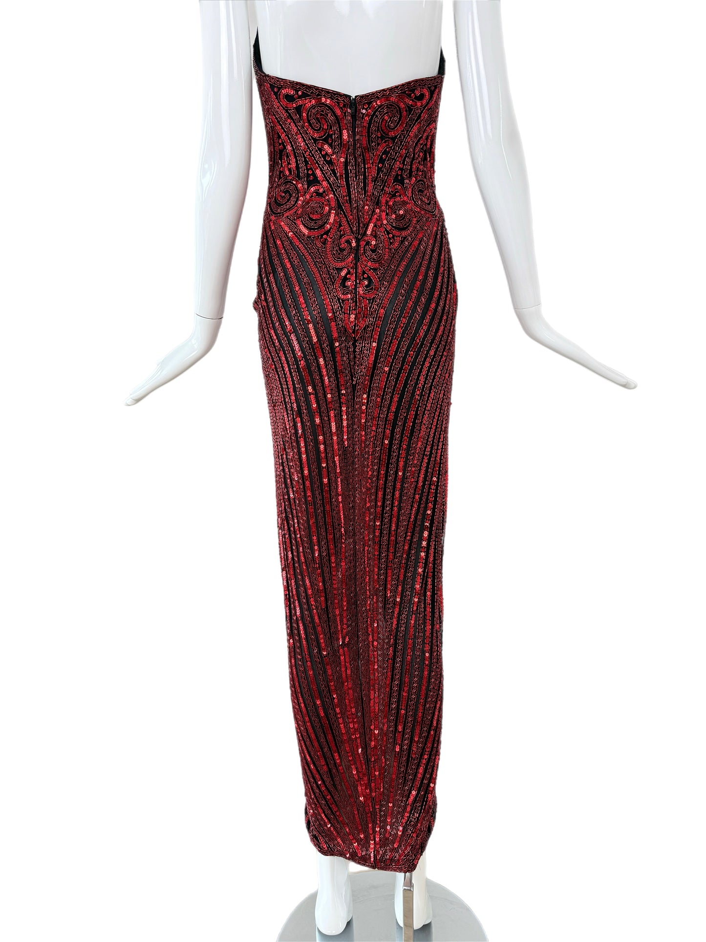 BOB MACKIE c. 1987 Vintage Red Heavily Embellished Evening Gown