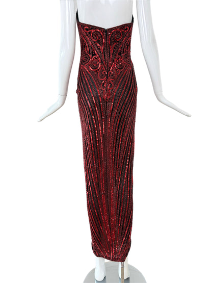 BOB MACKIE c. 1987 Vintage Red Heavily Embellished Evening Gown