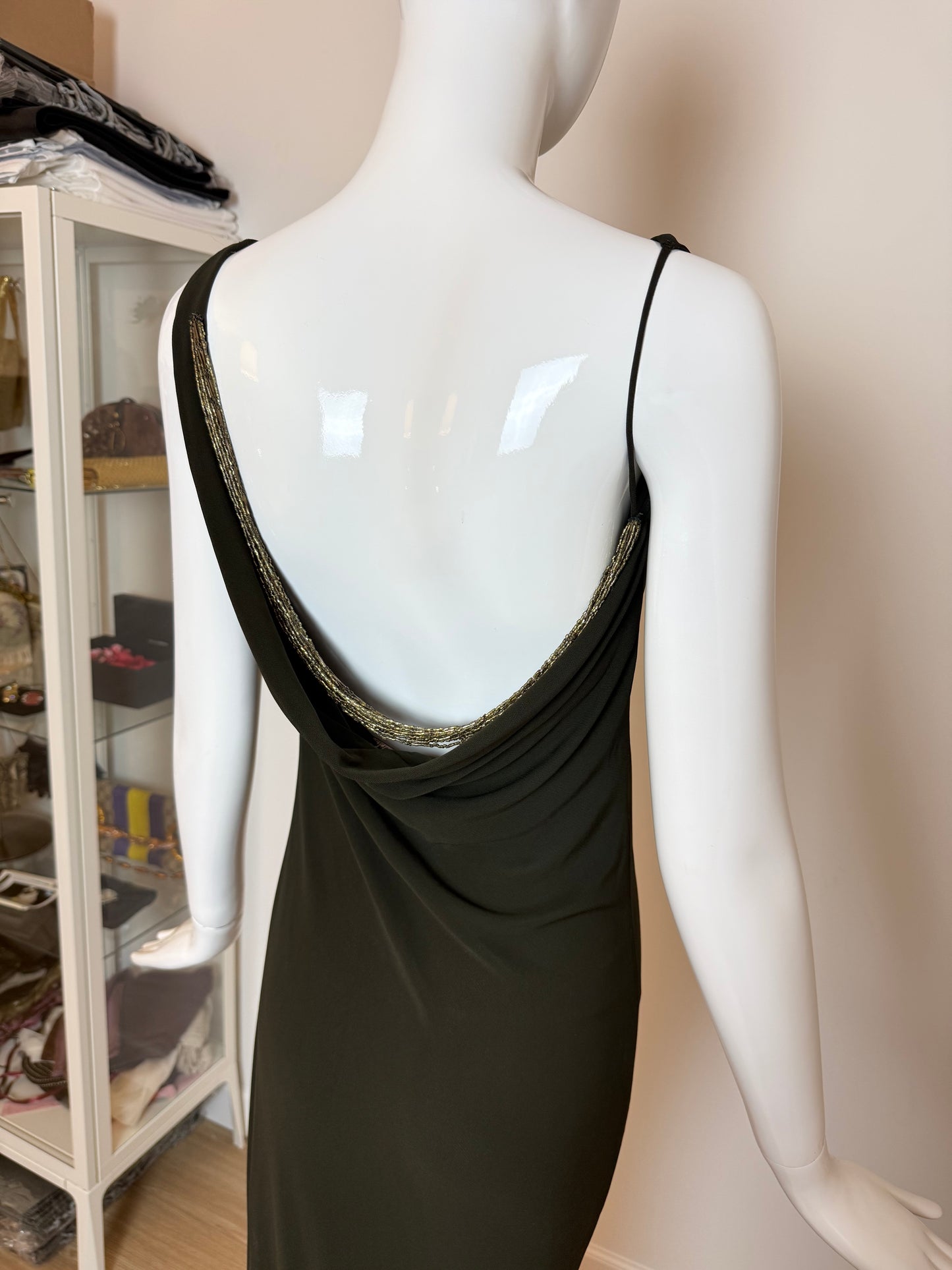 PAMELA DENNIS COUTURE 90's Vintage Hunter Green Beaded Cowl Neck Evening Gown