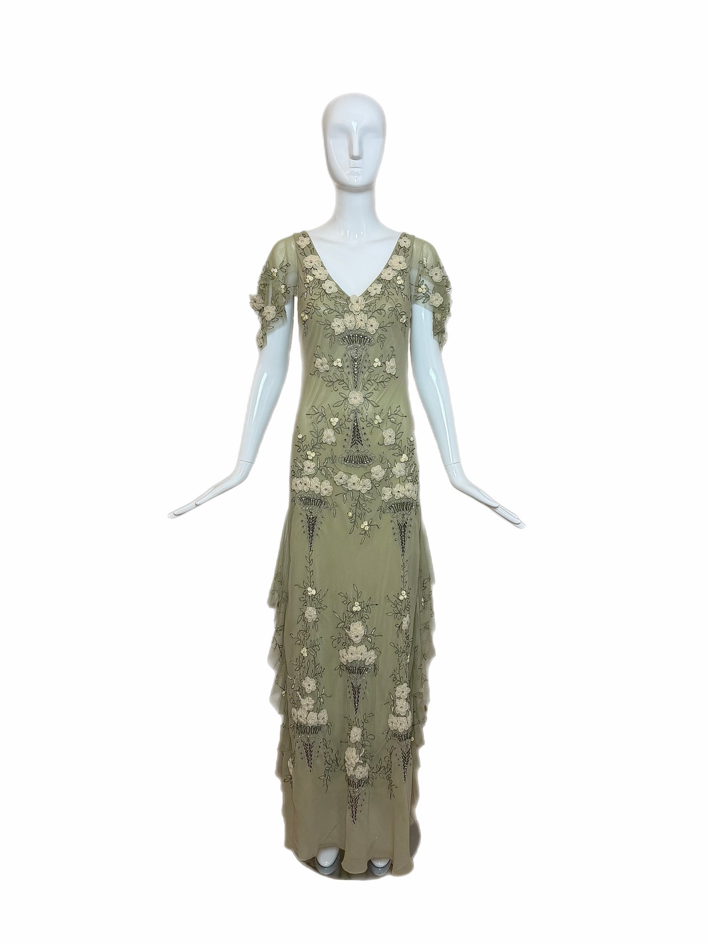 SUE WONG 2004 Vintage Runway Sage Silk Elaborate Evening Gown