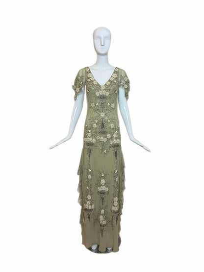 SUE WONG 2004 Vintage Runway Sage Silk Elaborate Evening Gown