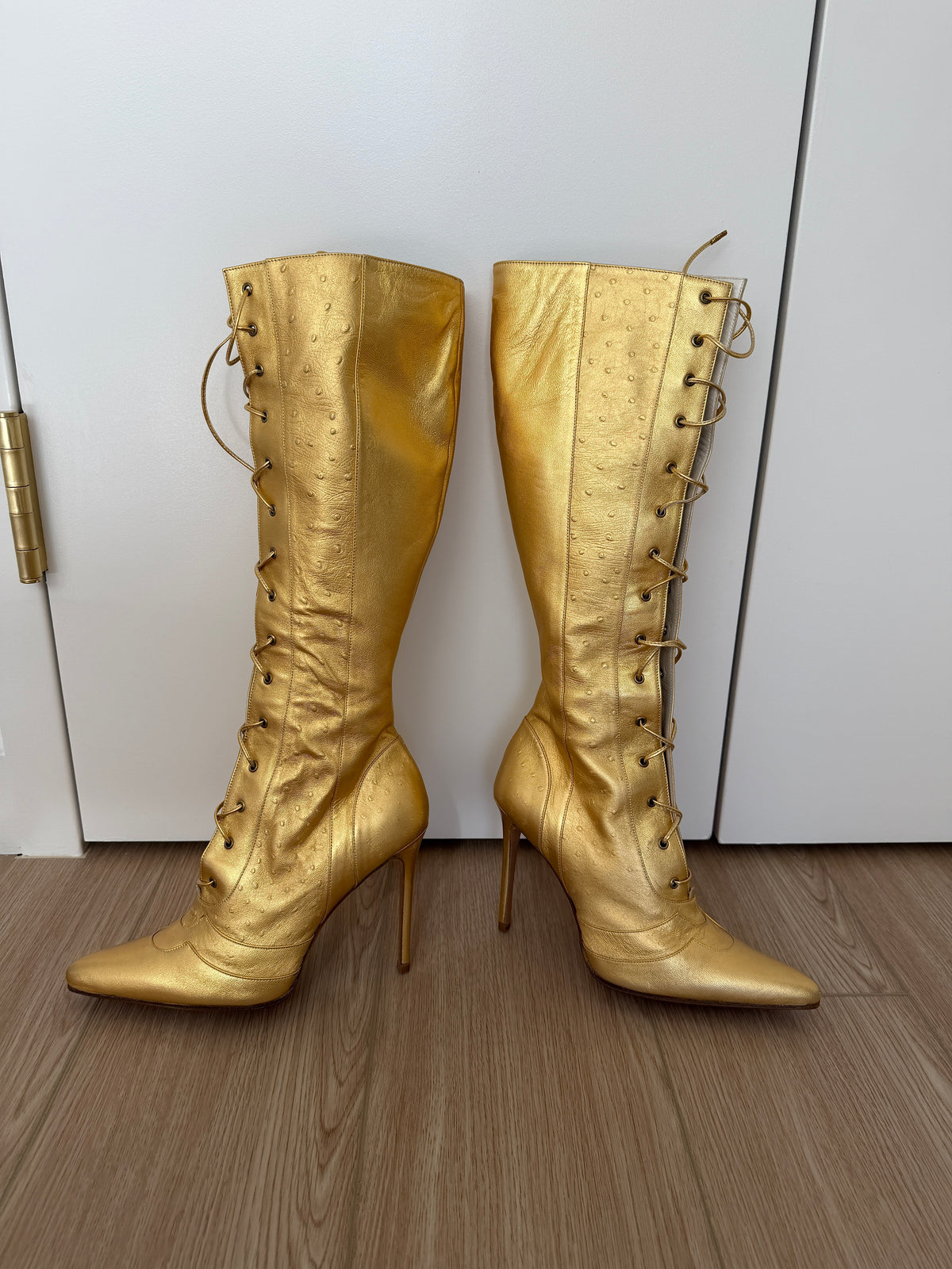 DIOR by JOHN GALLIANO 2000 Vintage Gold Leather Embossed Ostrich Print Lace Up Boots