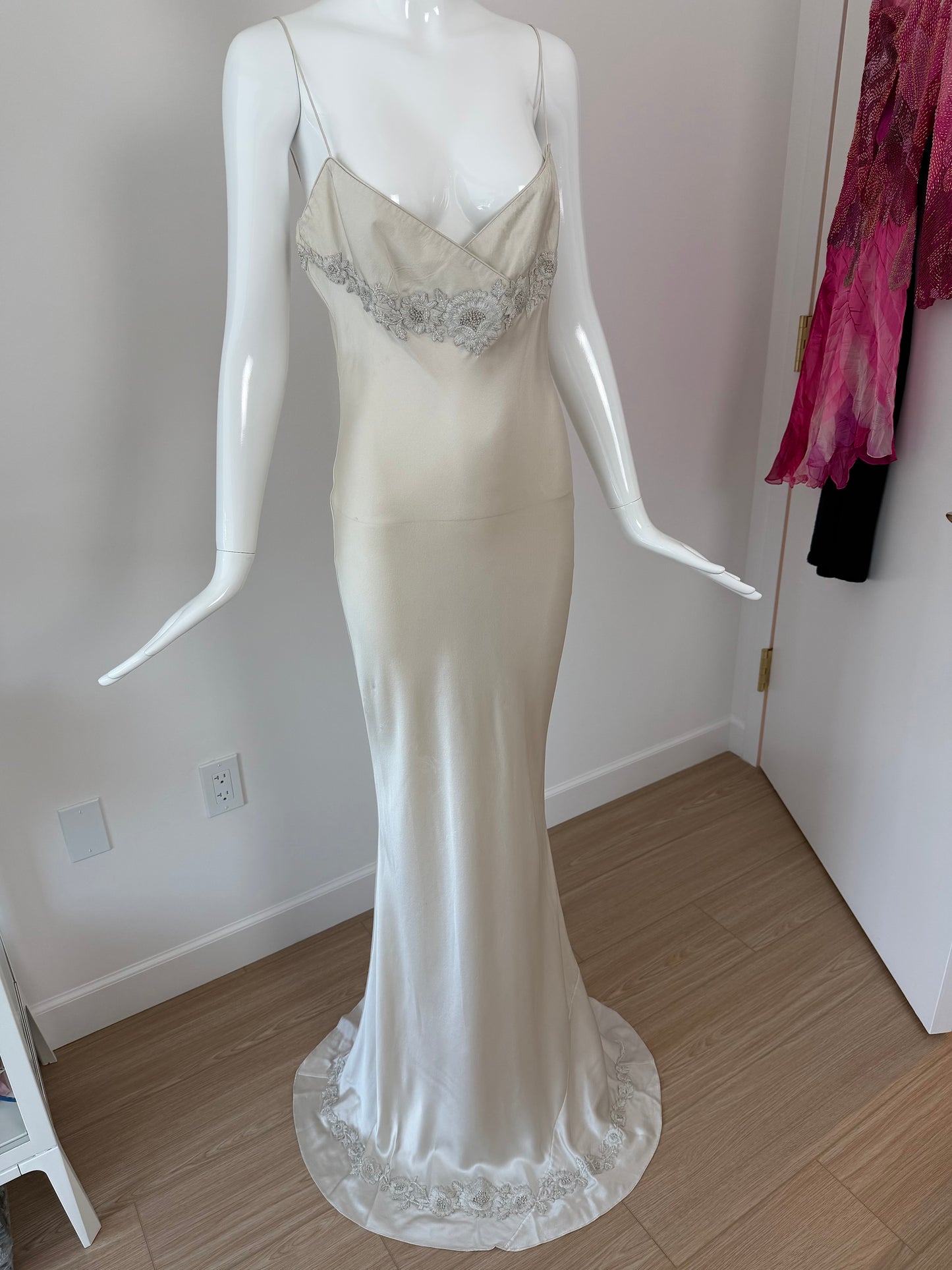 LES HABITUDES 90's Vintage Silver Grey Beaded Floral Slip Gown