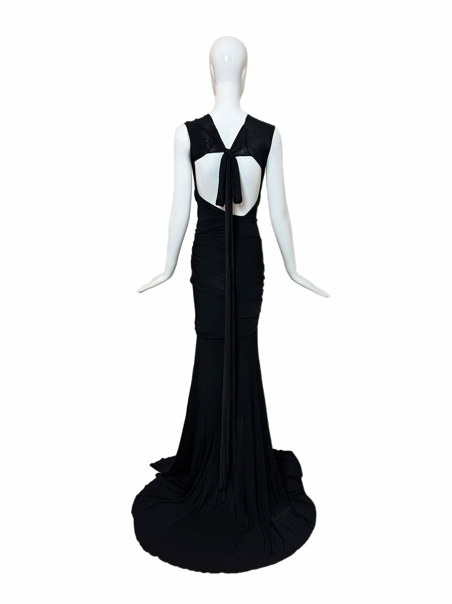 DONNA KARAN Vintage Black Ruched Extra Long Open Back Evening Gown