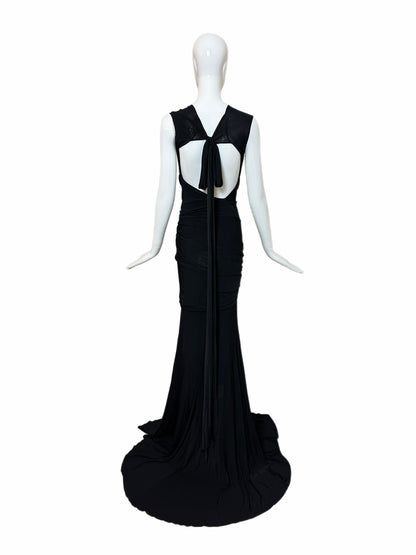 DONNA KARAN Vintage Black Ruched Extra Long Open Back Evening Gown