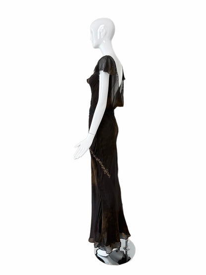 JOHN GALLIANO 2006 Vintage Runway Silk Bias Cut Metal + Lace Embellished Evening Gown