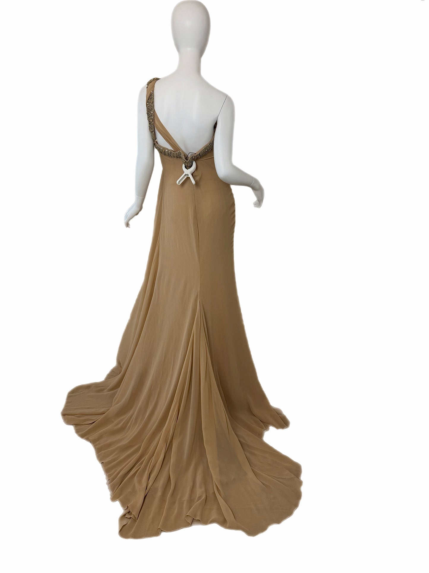 ROBERTO CAVALLI 2012 Silk Chiffon Tan Embellished Grecian Gown w. Slit