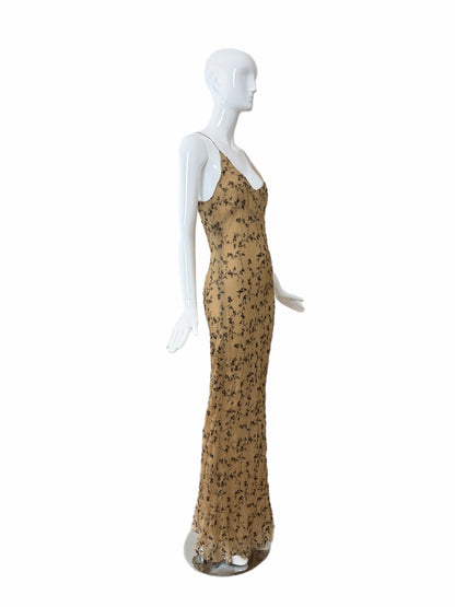 MARIA GRACHVOGEL Vintage Silk Tan Floral Embroidered Sequin Slip Gown
