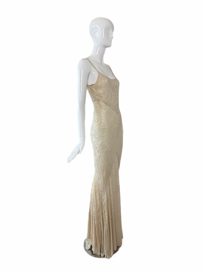 LES HABITUDES 90's Couture Vintage Iridescent Ivory Cream Silk Hand Beaded Bridal Gown