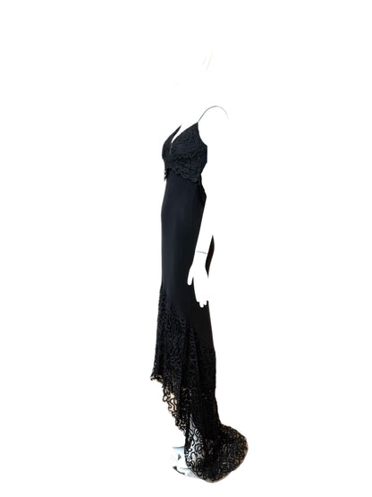 SUE WONG 00's Vintage Silk Black Beaded Evening Gown w. Train