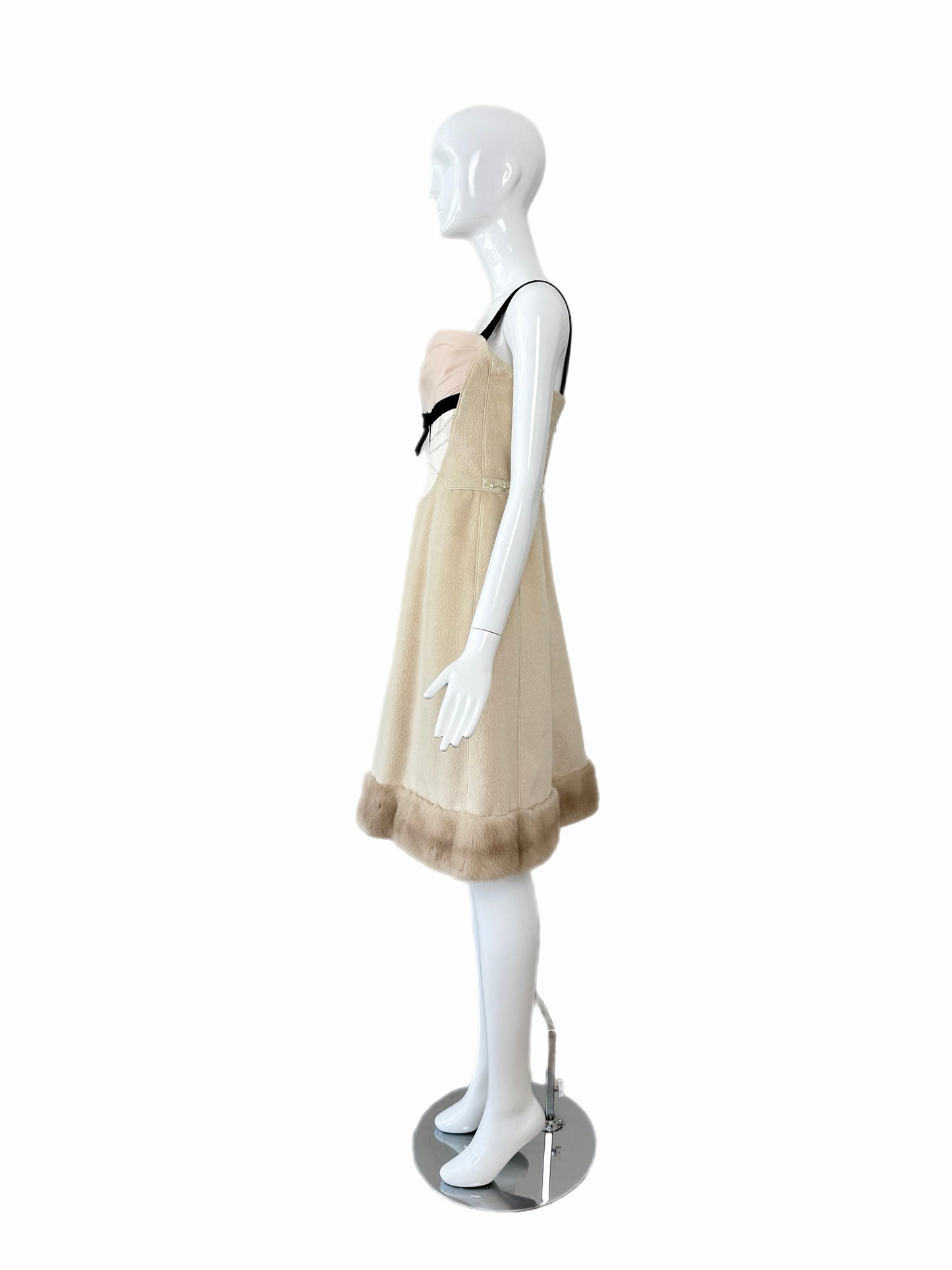 LOUIS VUITTON 2005 Vintage Mink Fur Trimmed Knee Length Dress